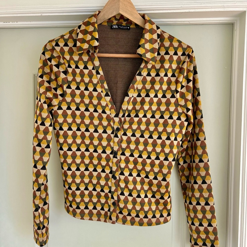 Zara Brown and Gold Shirt with Notched Collar